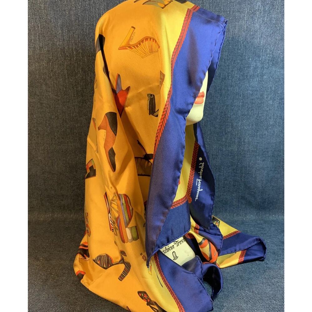 Salvatore Ferragamo 100% Silk Shoe Print Scarf READ Blue Gold Red 34” Square VTG